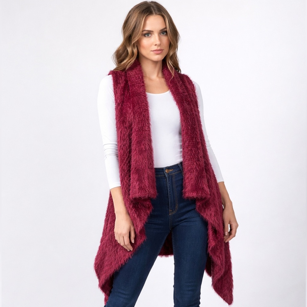 Listicle Burgundy Fuzzy Sweater Vest Size S Open Front Drape Cardigan Boho